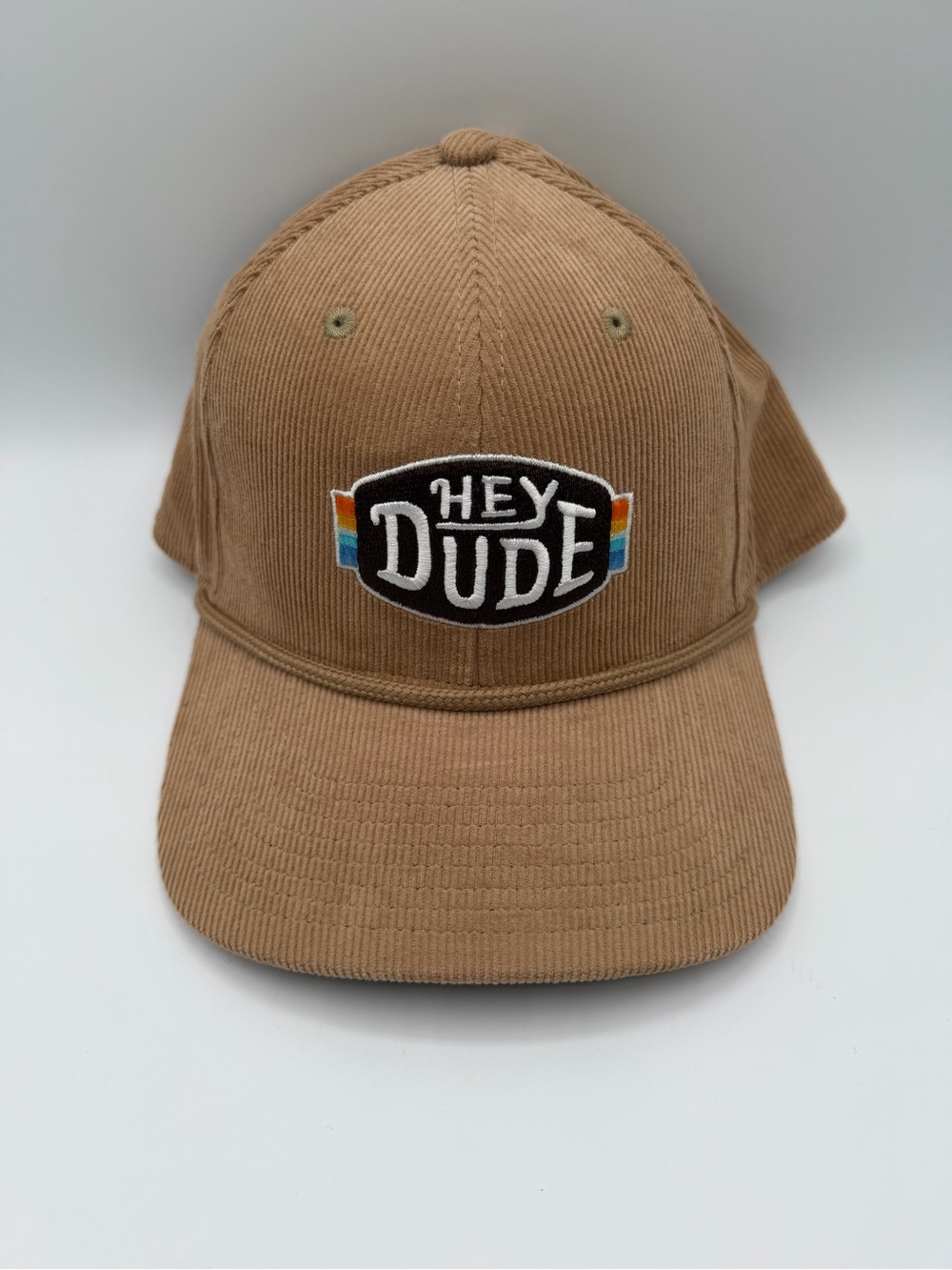 Hey Dude Tan Corduroy Cap with Rainbow Stripe Patch